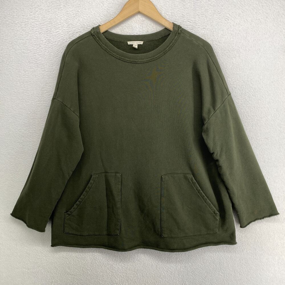 EILEEN FISHER Sweatshirt XS Organic Cotton French Terry Pullover Pocket Green